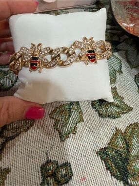 Gold Bee Link Bracelet with Red and Black Enamel